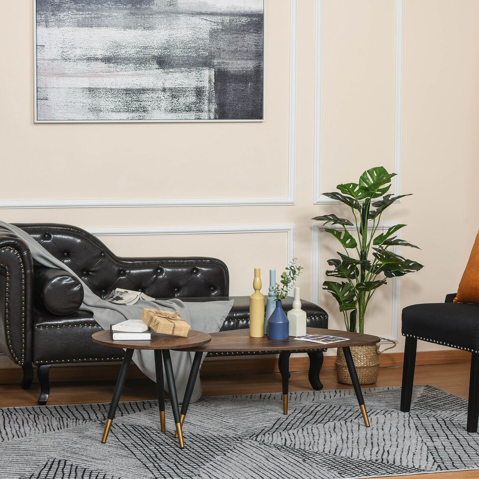 image 1 of HOMCOM Coffee Table Set of 2, Nesting Coffee End Tables with Modern Decor, Side Table Triangle Occasional Stand Tea Table for Living Room Home and Office, Walnut | Yellow