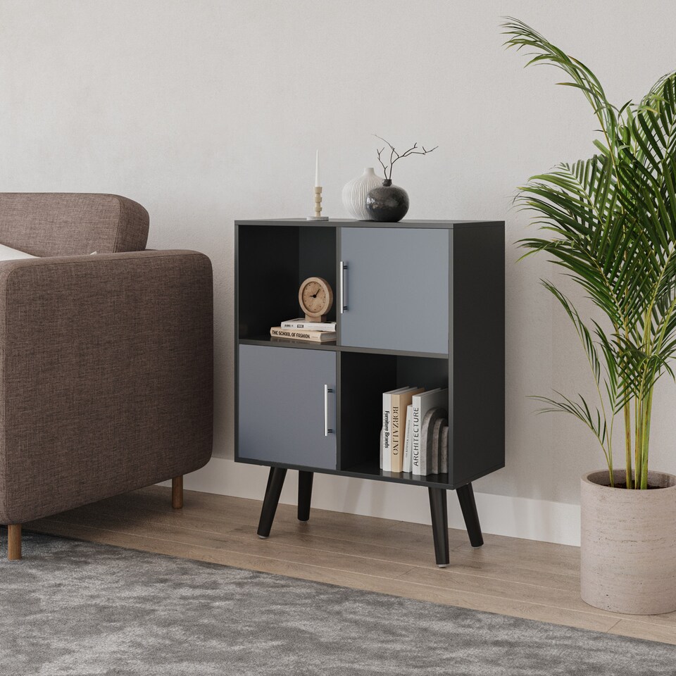 image 1 of Black 4-Cube Storage Unit with 2 Metal Handle Doors and Legs | Grey | Grey & Black | 1