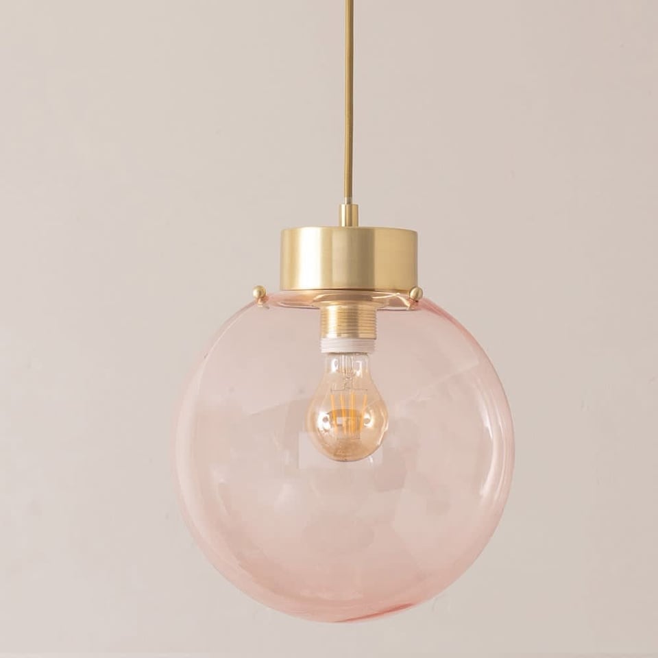 image 1 of ValueLights Frenchie Pink Glass Globe Brushed Gold Capped Ceiling Pendant Light with Bulb | Gold