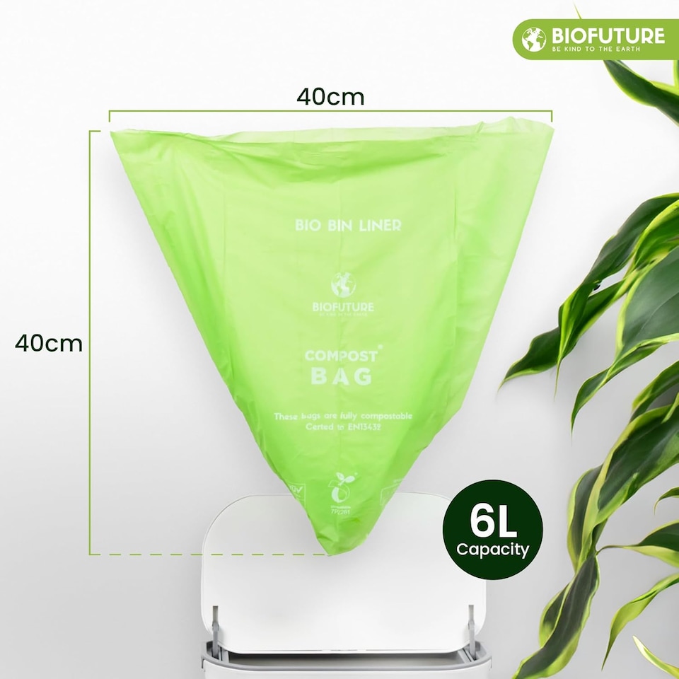 image 1 of Biofuture 6L x 150 Compostable Bin Liners | Home Compostable & Council Approved | Fits 5-7L Kitchen Food Waste Bins | EN13432 Certified & TUV Certified