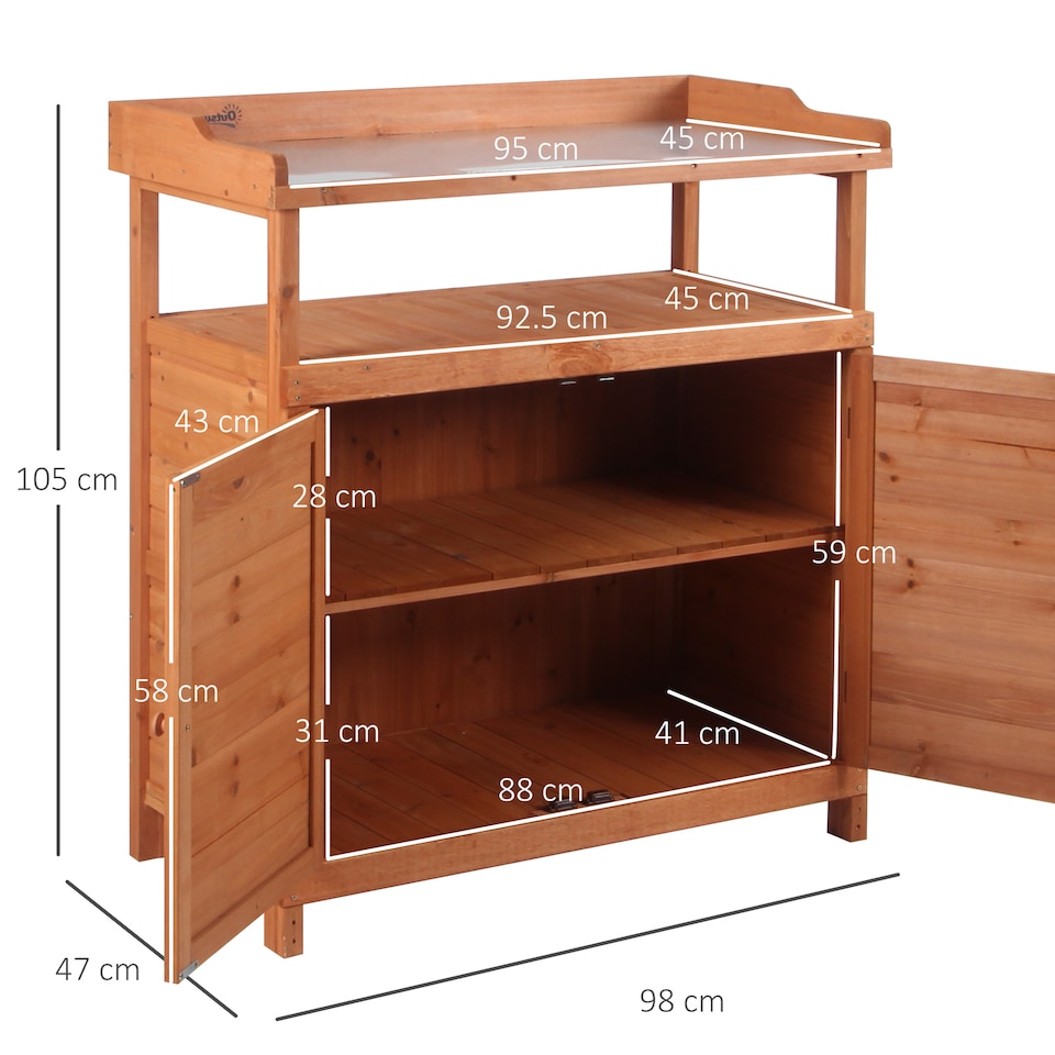 image 1 of Outsunny 2 In 1 Potting Bench Table w/ Storage Cabinet and Galvanized Table Top