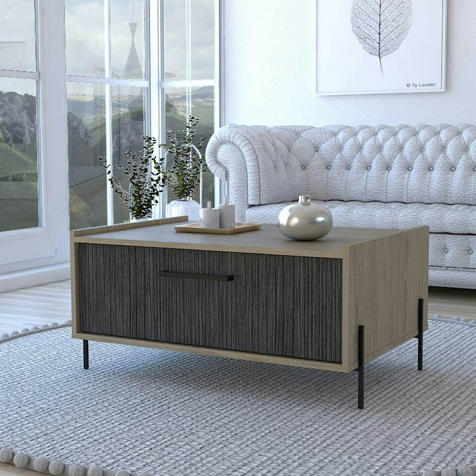 image 1 of Harvard Storage Coffee Table With Drawer - Washed Oak and Carbon Grey Oak Effect Top with Metal Hardware | Brown | Washed Oak & Carbon Grey | One Size | 1