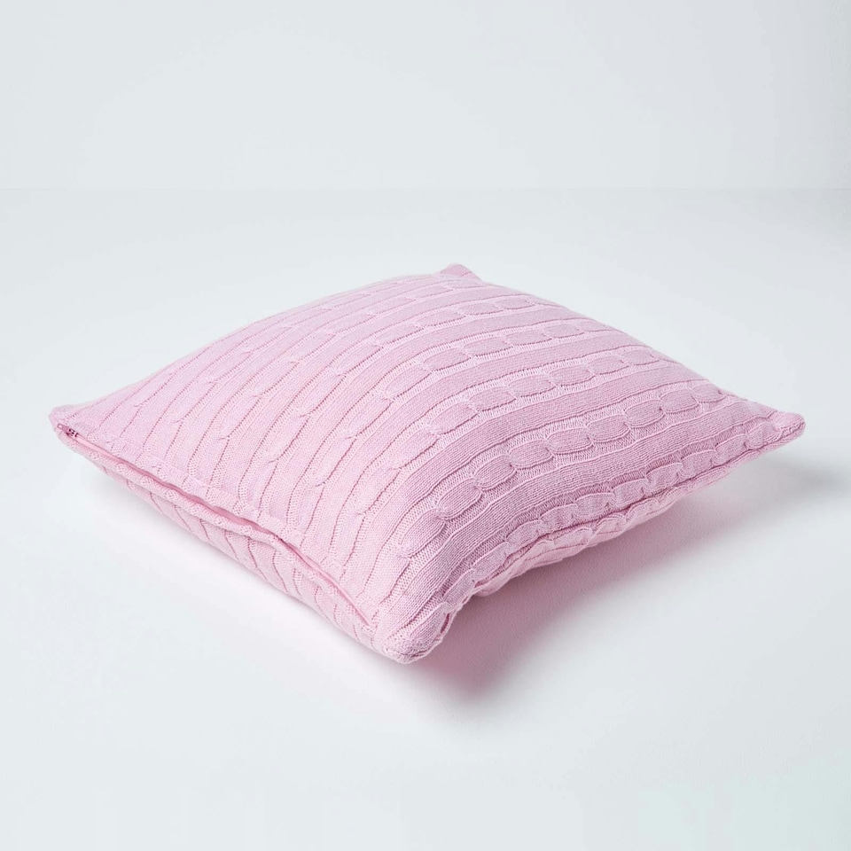 image 1 of Homescapes Cotton Cable Knit Pastel Pink Cushion Cover - 45 x 45 cm | Pink | Pink | 45 x 45 cm