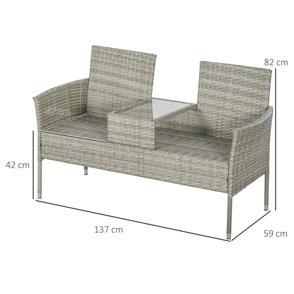 image 1 of Outsunny 2 Seat Rattan Garden Bench, Patio Wicker Chair with Glass Tea Table, Outdoor Love Seat with Padded Cushions, for Garden, Porch, Mixed Grey/Grey