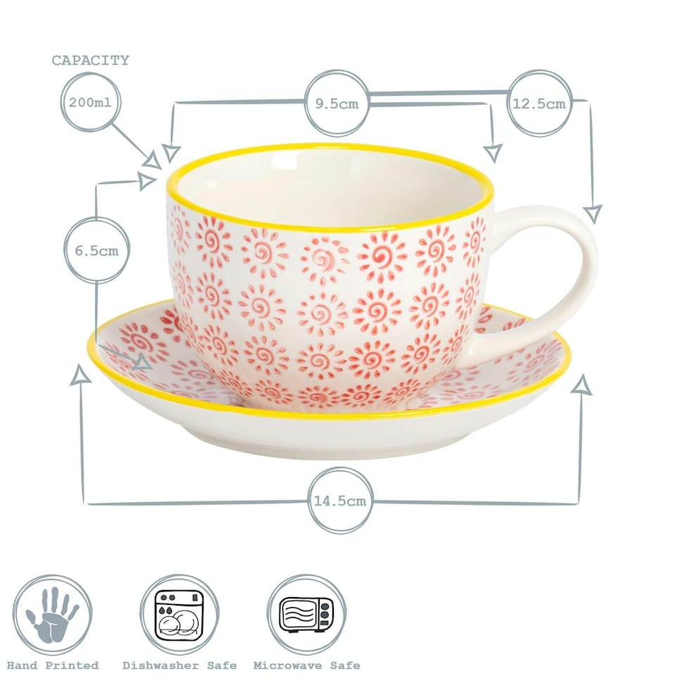 image 1 of Nicola Spring 12 Piece Hand-Printed Cappuccino Cup & Saucer Set - 250ml - 6 Colours