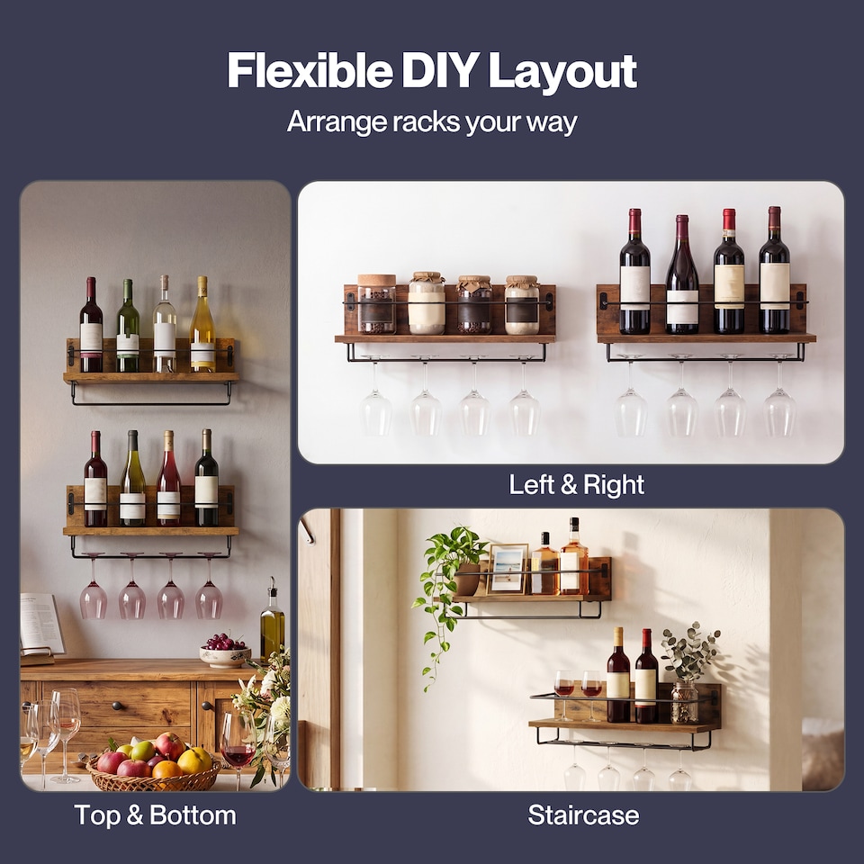 image 1 of Levede Wall Wine Rack With Glass Holder Floating Wine Shelf Home Bar Storage 2PC