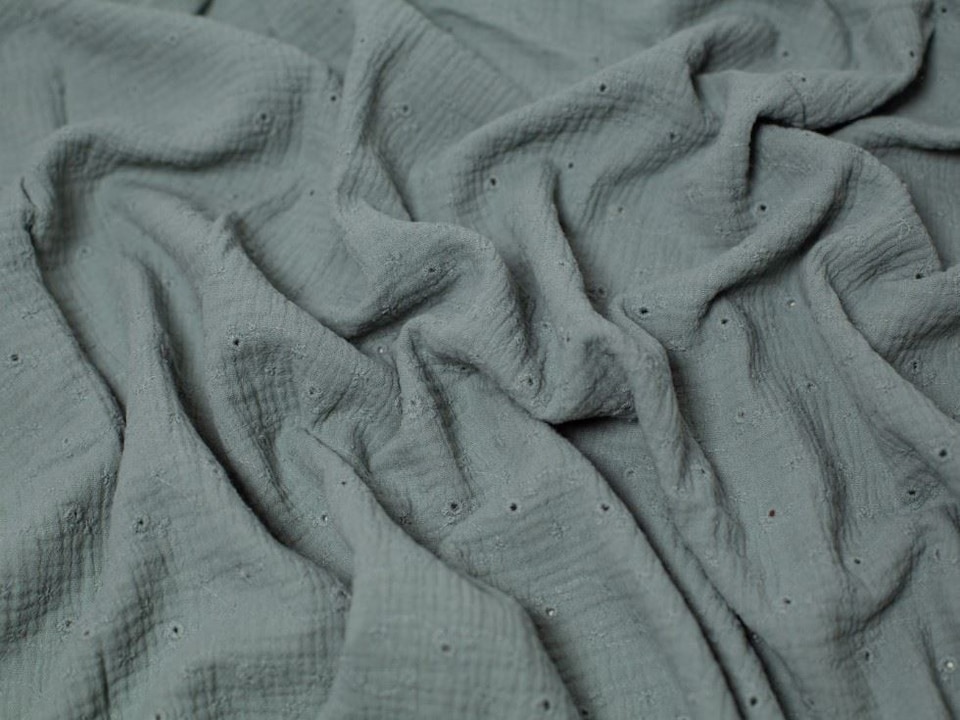Green Embroidered Cotton Double Gauze Fabric for Dressmaking, 130cm / 51" Wide - per metre