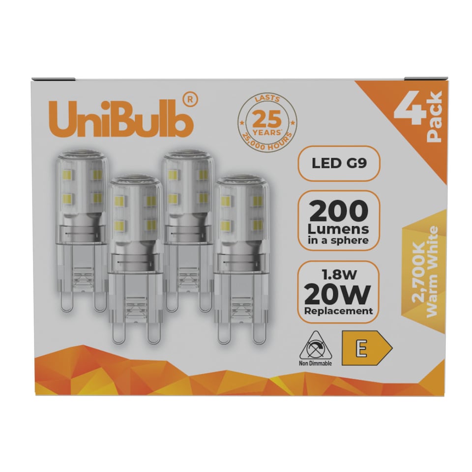 image 1 of UniBulb LED G9 200lm 1.8W 2700K (Warm White) Capsule Light Bulb - Pack of 4 | White | Warm White | 4