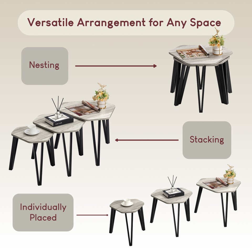 image 1 of Vida Designs Brooklyn Nest of Tables 3 Piece Set Nesting Sofa Bedside Side Table, Grey