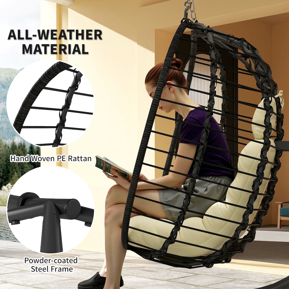 image 1 of Outsunny Rattan Hanging Egg Chair, Foldable Wicker Hammock Swing Chair with Cushion, Stand, Adjustable Height, Head Pillow, Steel Frame for Garden Patio Indoor Outdoor, Cream White | Cream | Cream