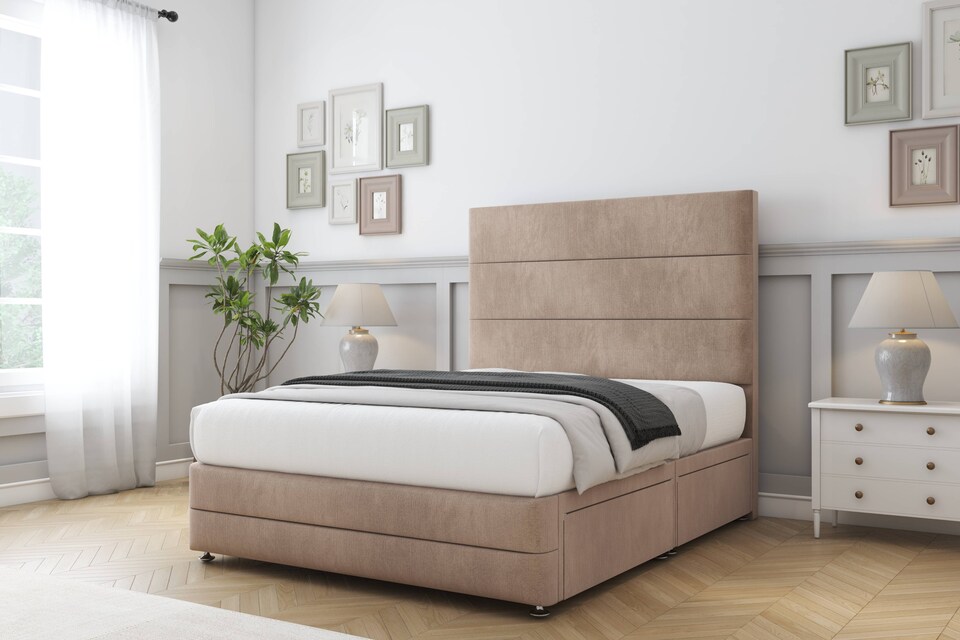 image 1 of Sloomy Monaco Mink Naples Divan Bed Base 2 Drawers Right Side With 26 Inch Strutted Headboard & 12 Inch Matching Footboard | Brown | Mink | Small Single | 1