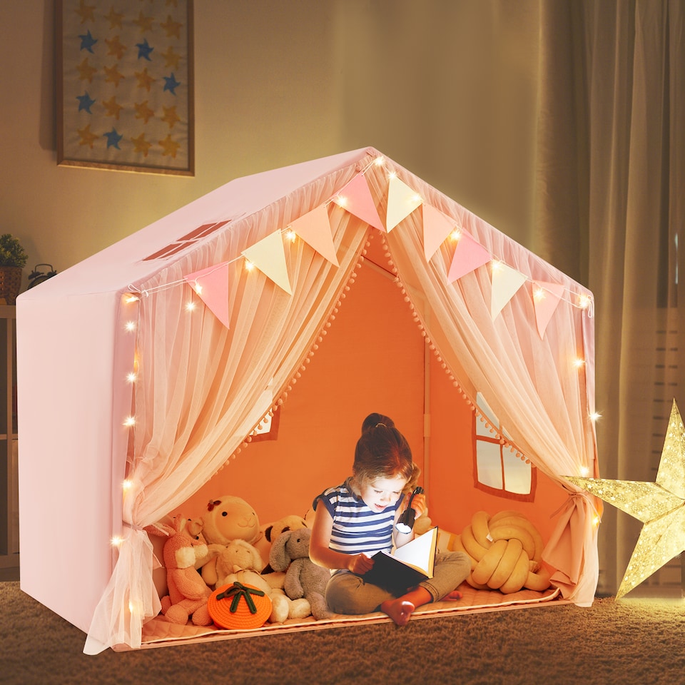 image 1 of COSTWAY Kids Play Tent 3-4 Kids Large Play Tent House w/Screen Curtains-Pink