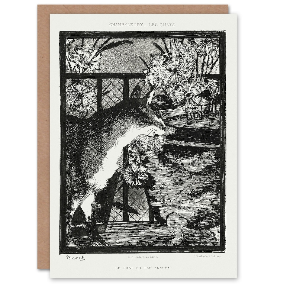 image 1 of Edouard Manet Art Card Black White Cat and Flowers