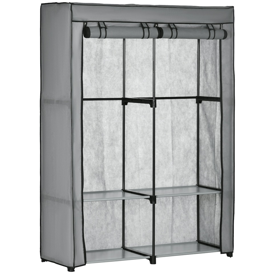image 1 of HOMCOM Fabric Wardrobe w/ 4 Shelves 2 Hanging Rails Foldable Closets Light Grey