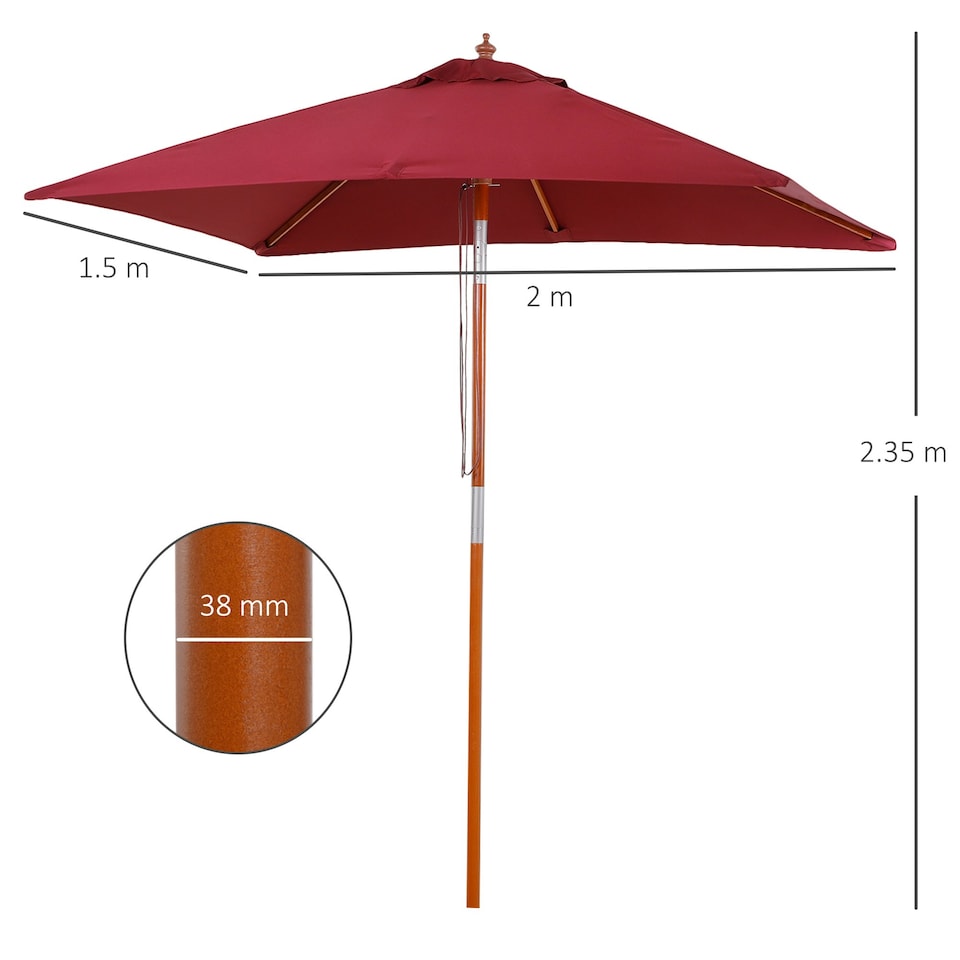 image 1 of Outsunny Wooden Patio Umbrella Parasol Outdoor Sunshade 6 Ribs Red