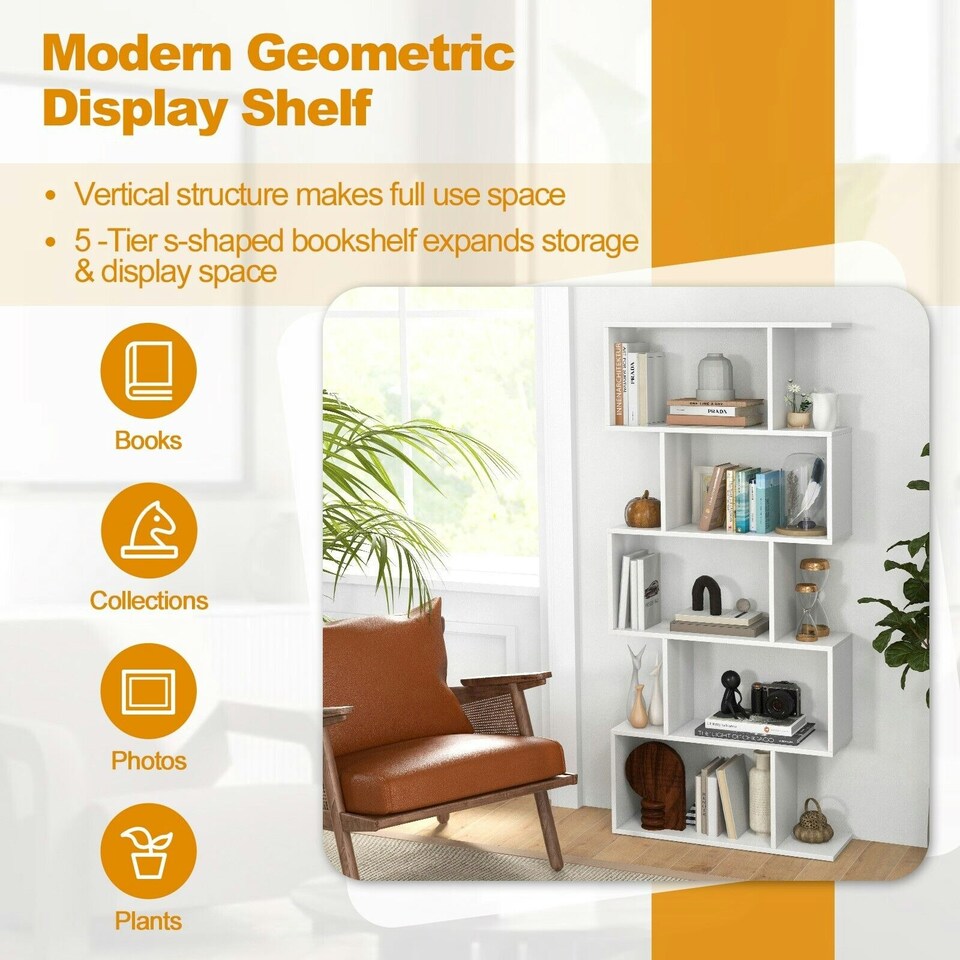 image 1 of COSTWAY 5-tier Bookcase S-Shaped Bookshelf Display Rack White White
