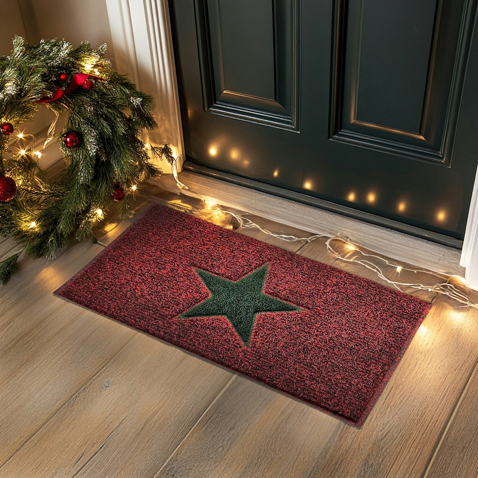 image 1 of Christmas Star PVC Spaghetti Doormat - Red, Black & Green Design Red | 90cm x 60cm