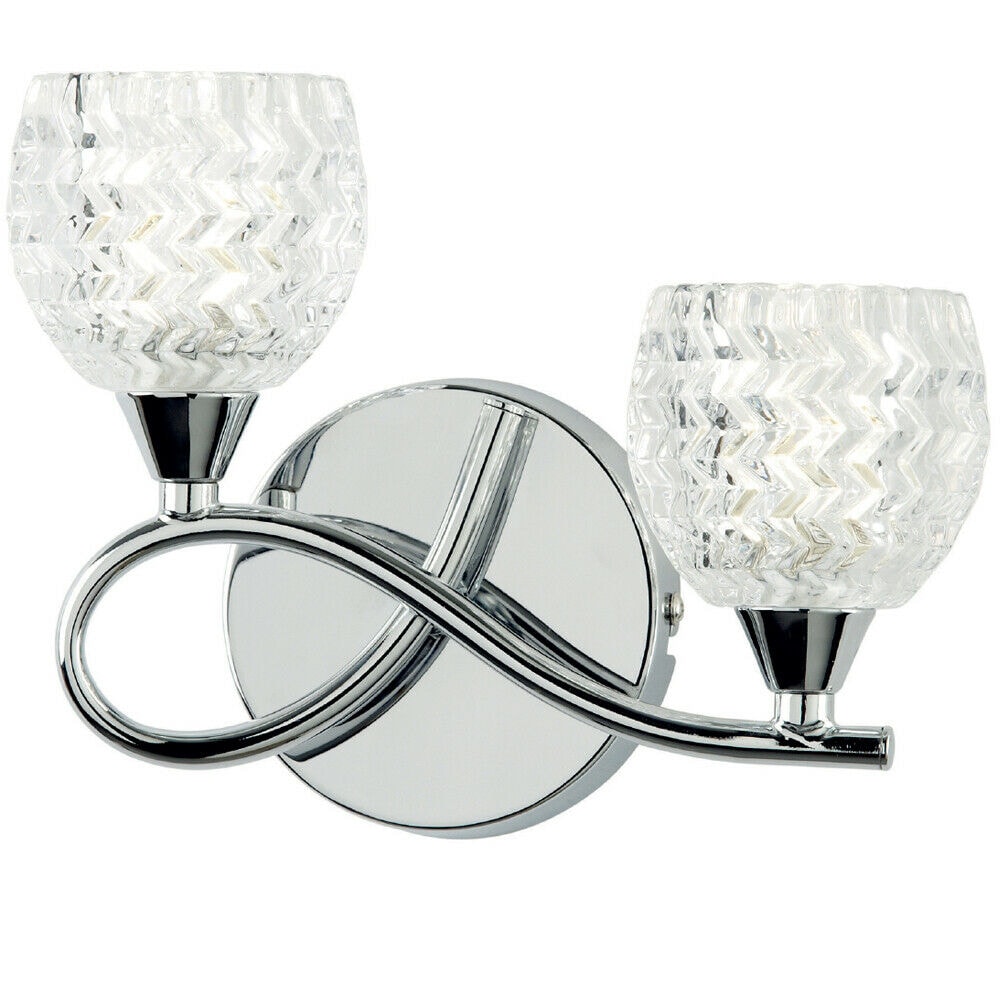Loops LED Twin Wall Light Twisted Chrome Arm Glass Pattern Shade Dimming Lamp Lighting in Clear