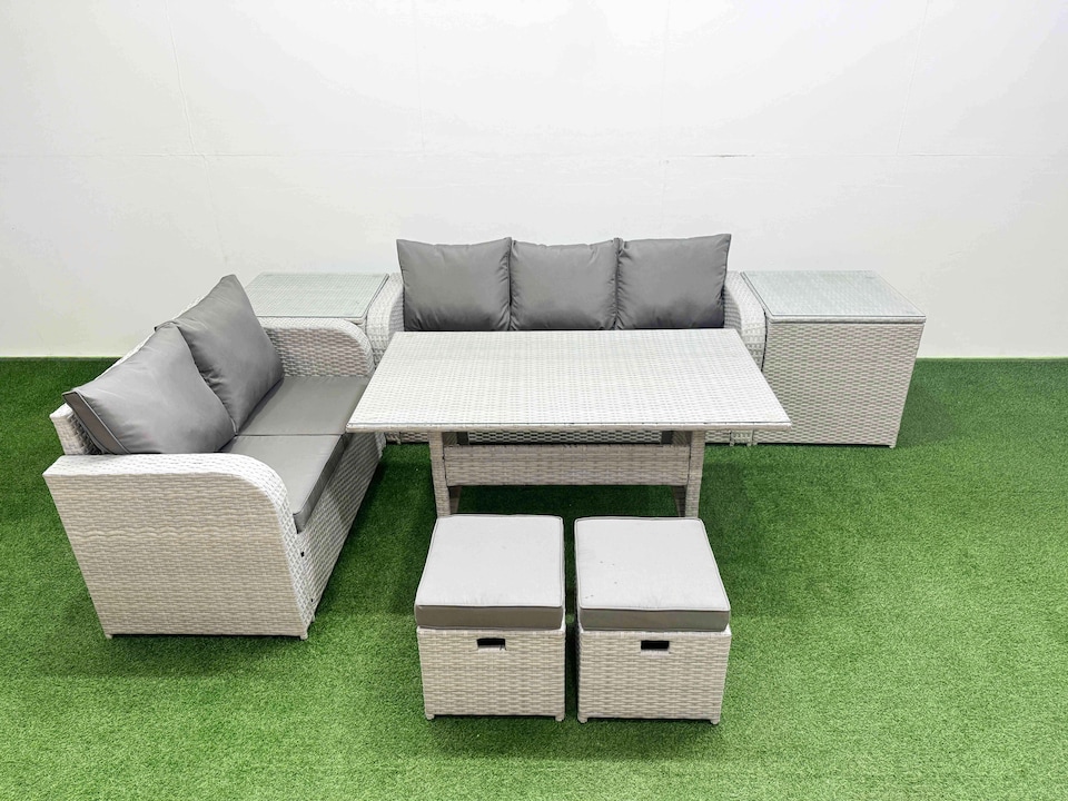 image 1 of Fimous 7 Seater PE Rattan Wicker Garden Furniture Patio Conservatory Sofa Set with Rectangular Dining Table 3 Seater Sofa Love Sofa 2 Stools 2 Side Table