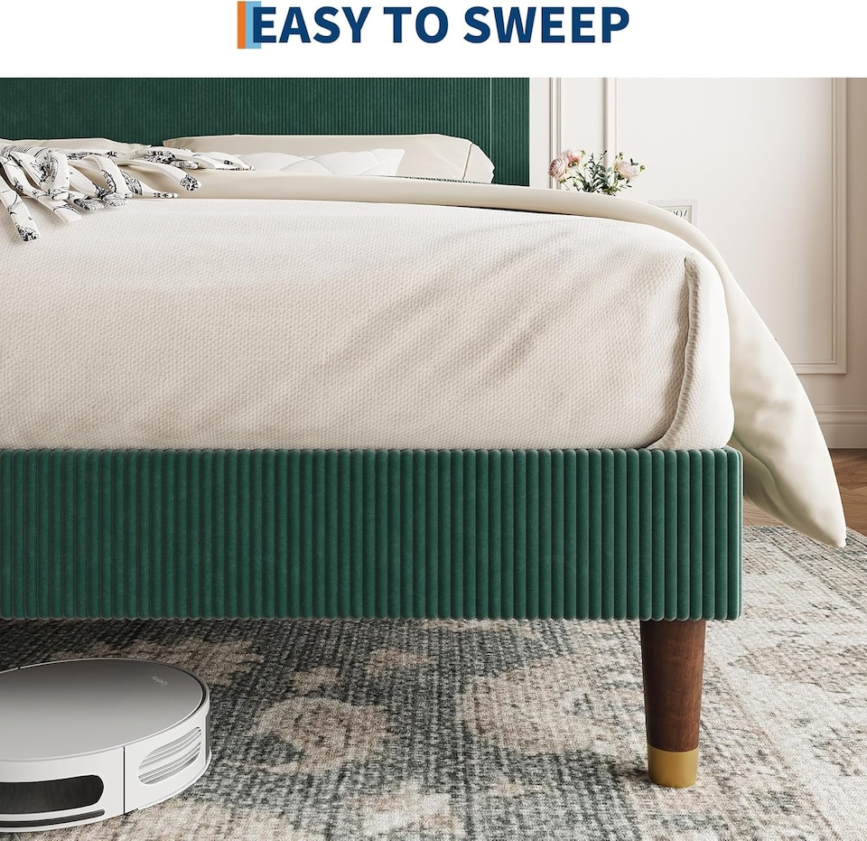 image 1 of London Boutique Double Platform Bed Frame with Velvet Upholstered Headboard, Wood Slats Support, Green 135 x 199 cm