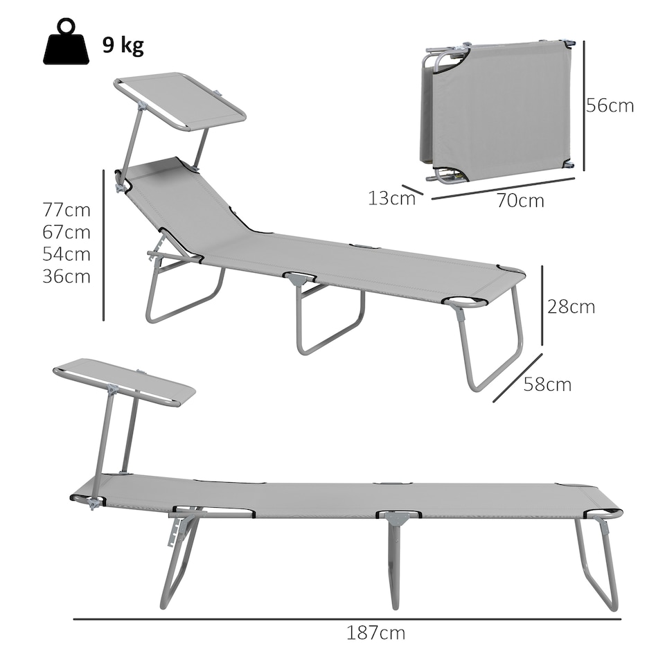 image 1 of Outsunny Folding Sun Lounger Set of 2 w/ Sunshade Adjustable Backrest Light Grey