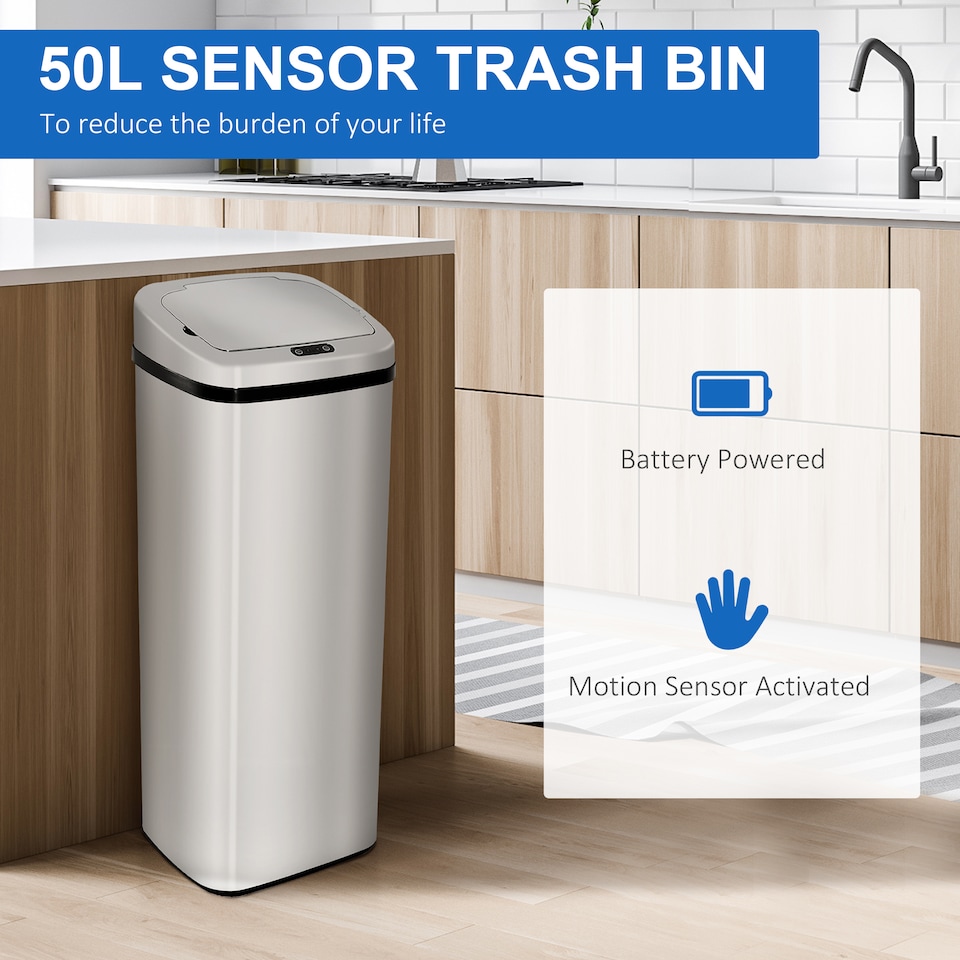 image 1 of HOMCOM 50L Infrared Touchless Automatic Motion Sensor Dustbin Stainless Steel Trash Can Home Office | Silver | 1