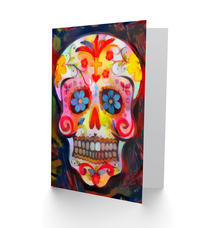 image 1 of Day Of The Dead Skull Oil Paint Greetings Card