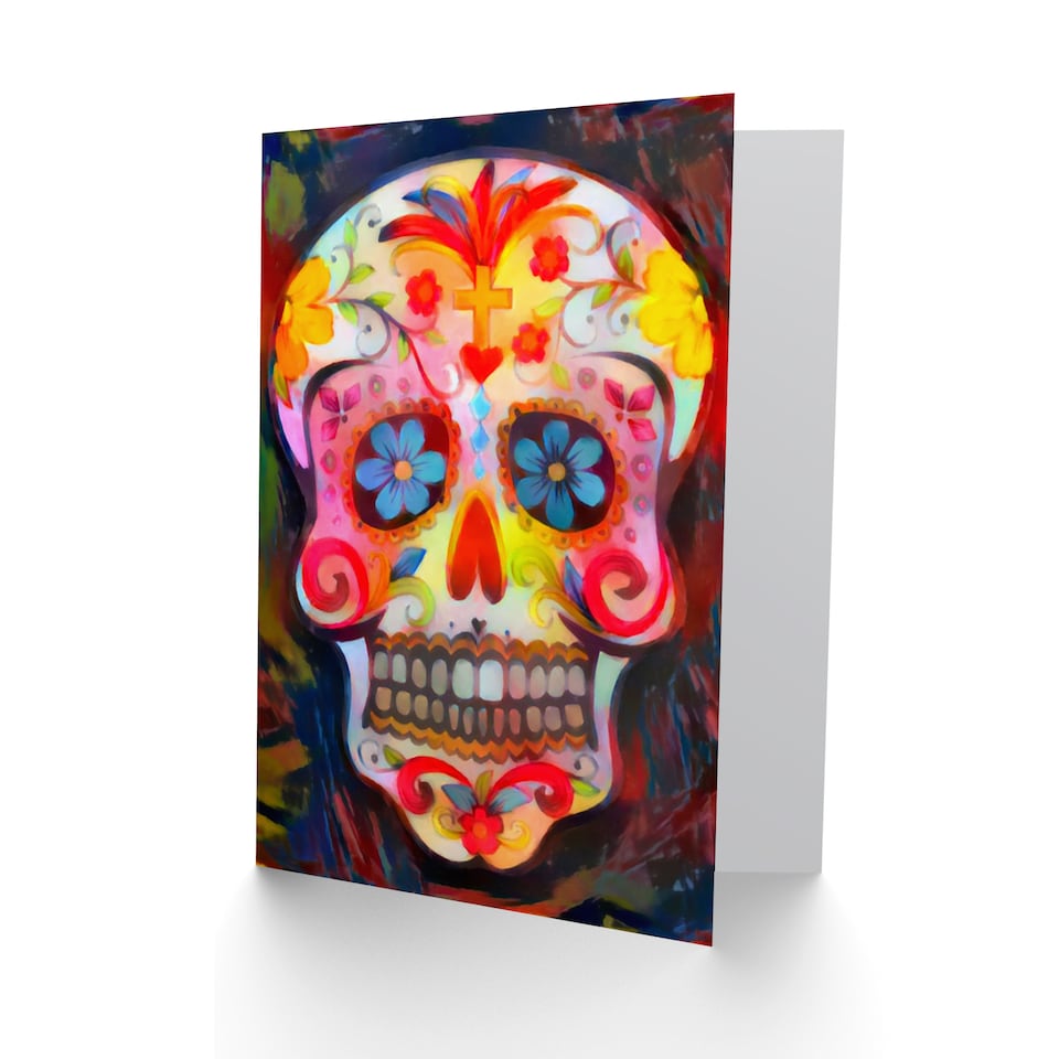 image 1 of Day Of The Dead Skull Oil Paint Greetings Card