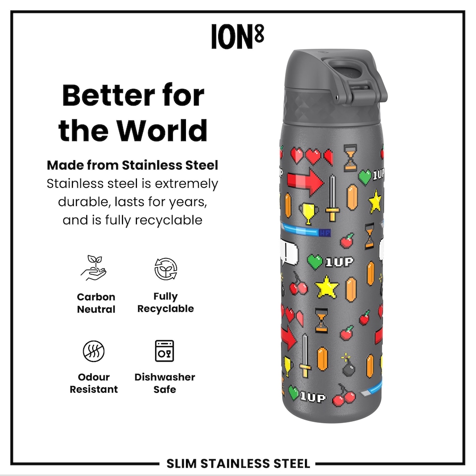 image 1 of Leak Proof Slim Water Bottle, Stainless Steel, 600ml (20oz)