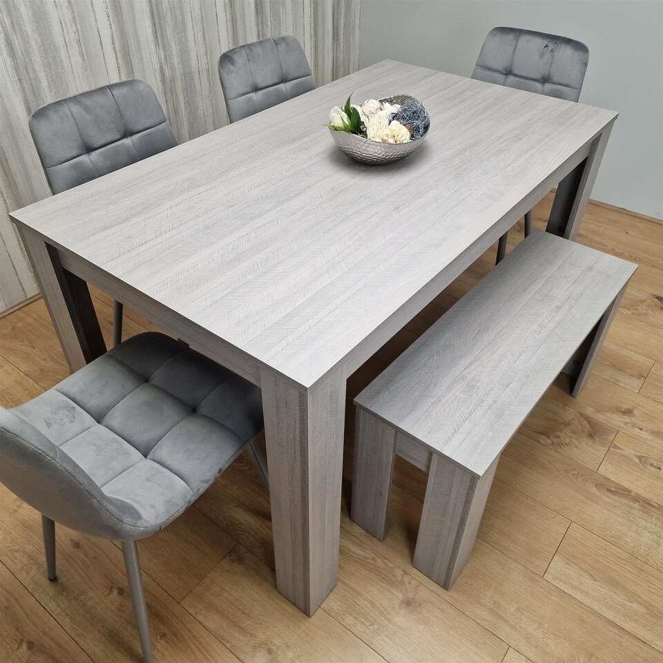 image 1 of Dining Table and 4 Chairs With Bench Grey 4  Grey Velvet Chairs Wood Dining Set Furniture | Grey | One Size | 6
