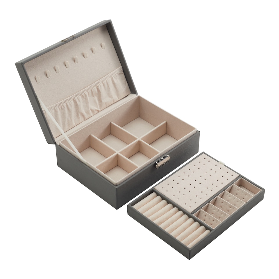 image 1 of Living and Home Lockable Double Tier Faux Leather Jewellery Organizer | Grey