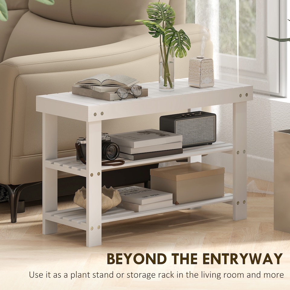 image 1 of HOMCOM 3-Tier Bamboo Shoe Bench with 2 Shelves for Entryway, White