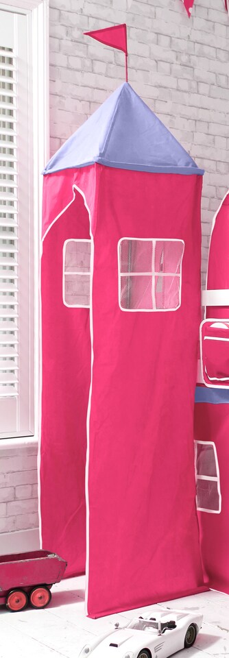 image 1 of Moro Cabin Bed Midsleeper with Cotton Pink Tent, Tower & Tunnel in White