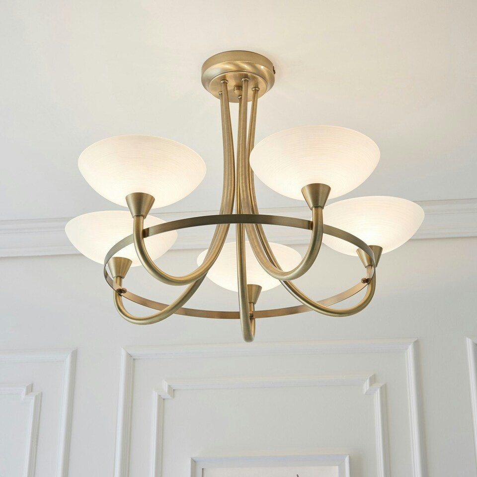 image 1 of Cagney 5 Light Semi Flush Multi Arm Ceiling Light Antique Brass, White Glass, G9