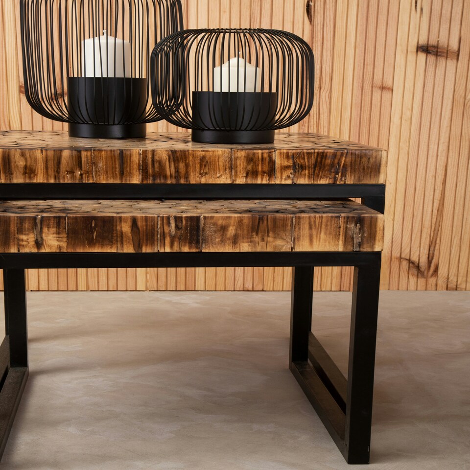 image 1 of Interiors by Premier Set of 3 Nested Wooden Tables, Wood Oval Tops with Sculptural Gold‑Finish Metal Legs, Occasional Tables Brown