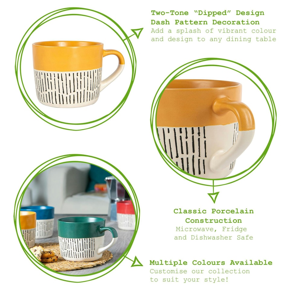 image 1 of Nicola Spring Ceramic Dipped Dash Coffee Mugs - 475ml - Mustard - Pack of 6 Yellow