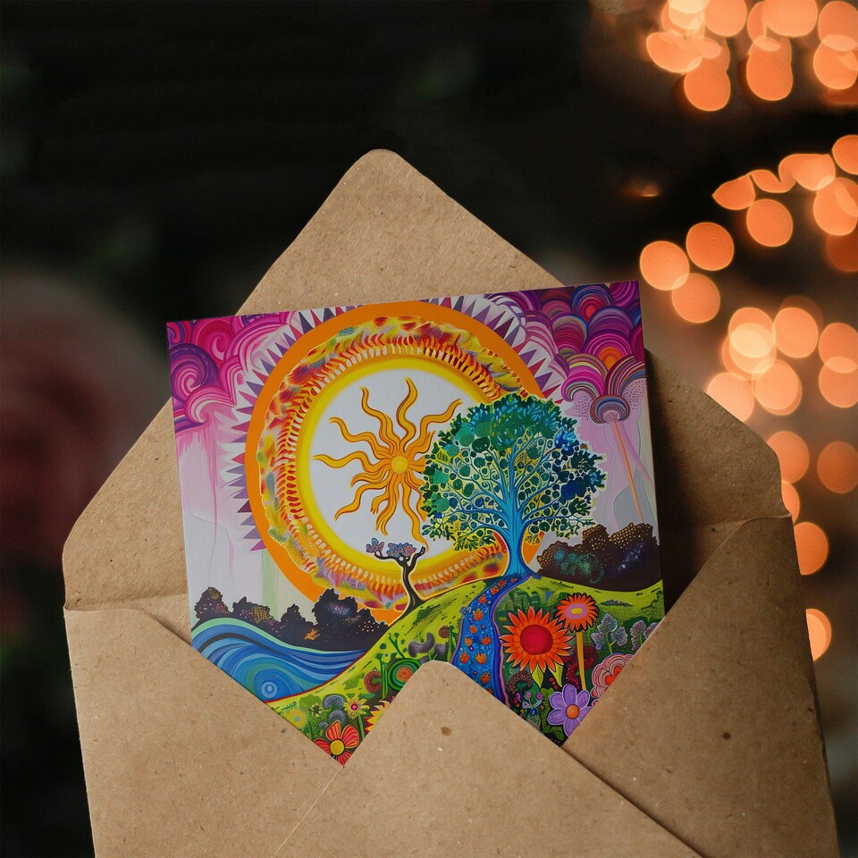 image 1 of Colourful Hippy Folk Art Flowers Sun Trees Landscape Greeting Card