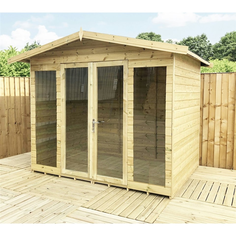 image 1 of 7 x 13 Pressure Treated T&G Apex Summerhouse + LONG WINDOWS + Overhang + Safety Toughened Glass + Euro Lock with Key (7' x 13' / 7ft x 13ft) (7x13)