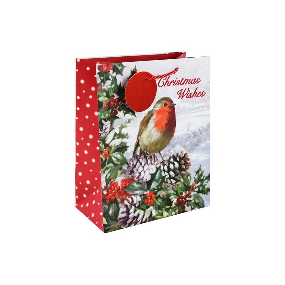 Pack of 12 Robin Traditional Scene Christmas Medium Gift Bags