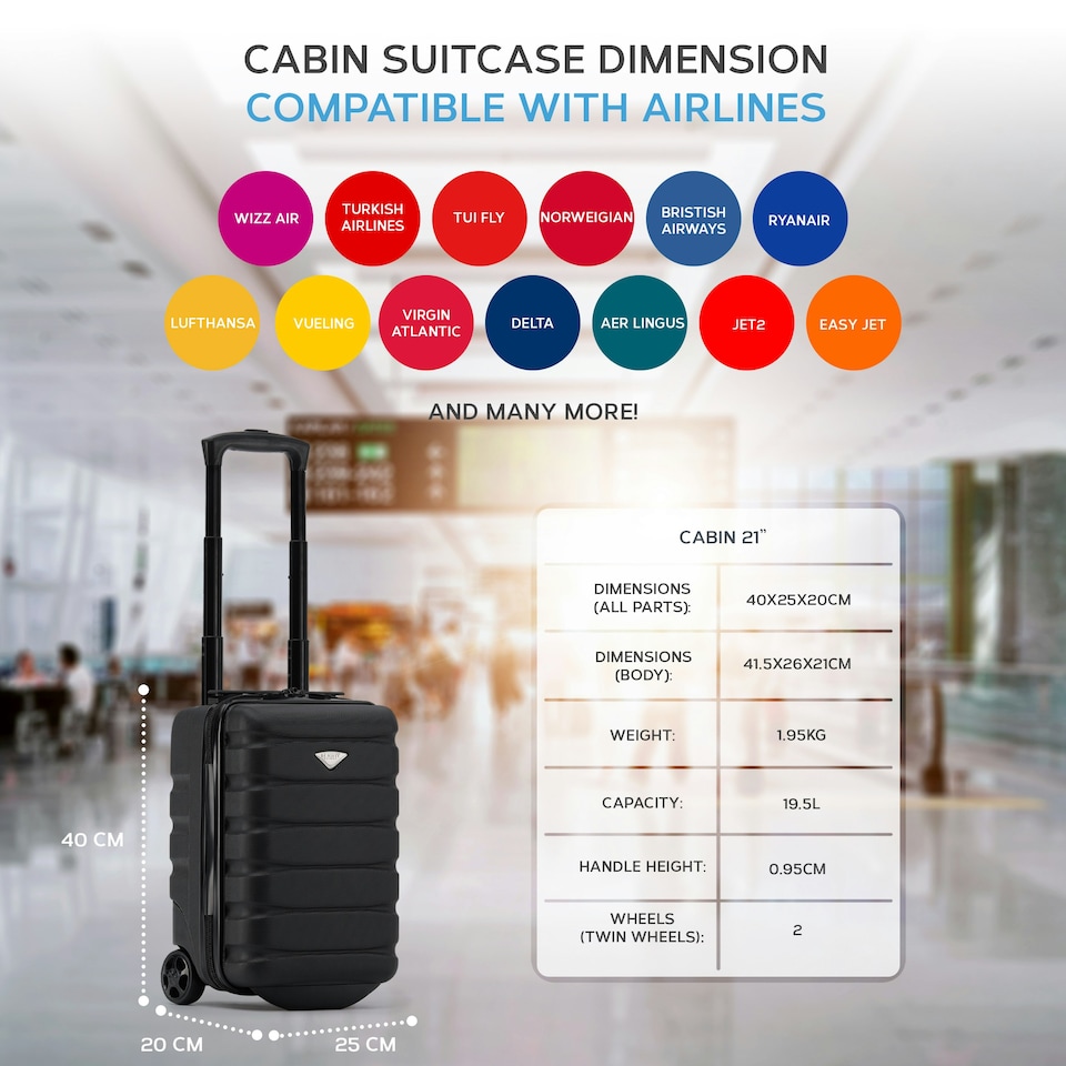 image 1 of Flight Knight Lightweight 2 Wheel ABS Hard Suitcase Cabin Hand Luggage 100+ Airlines Approved - British Airways, Ryanair & easyJet Free Carry On 40x20x25cm Black | Cabin Bag