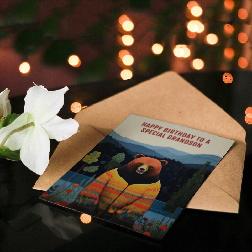 image 1 of Special Hipster Hippie Hippy Cardigan Bear Grandson Birthday Card