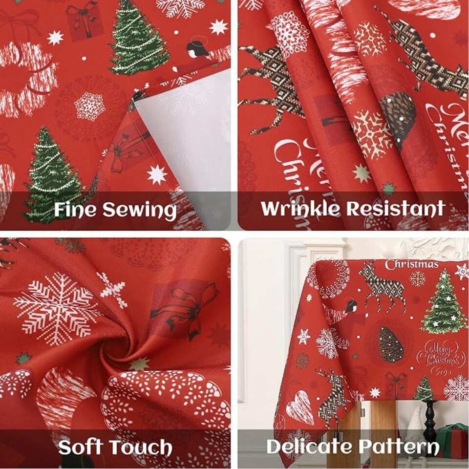 image 1 of London Boutique Red Christmas Tablecloth, Waterproof Polyester Table Cover with Reindeer Wreath Xmas Tree Print