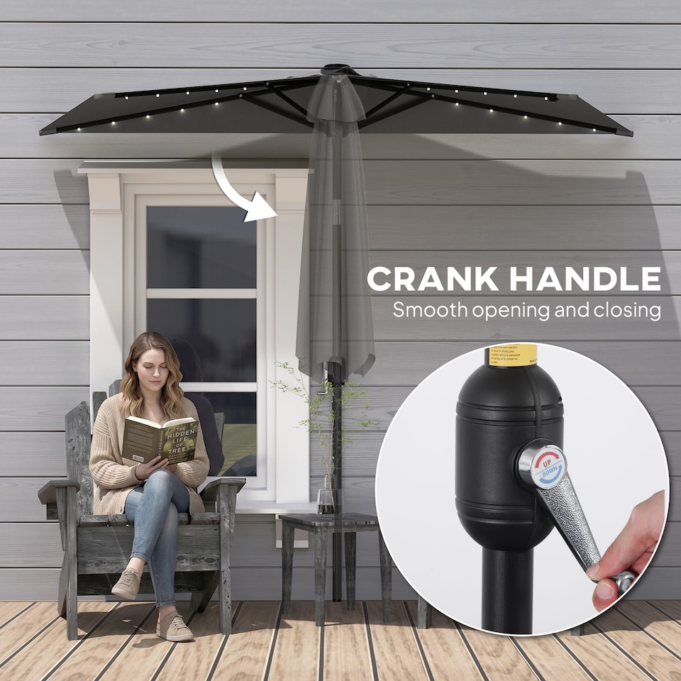 image 1 of Outsunny 2.6 m Half Parasol with Solar Lights, UPF50+ Semi Round Umbrella | Grey | Dark Grey | 265 x 135 x 239 cm