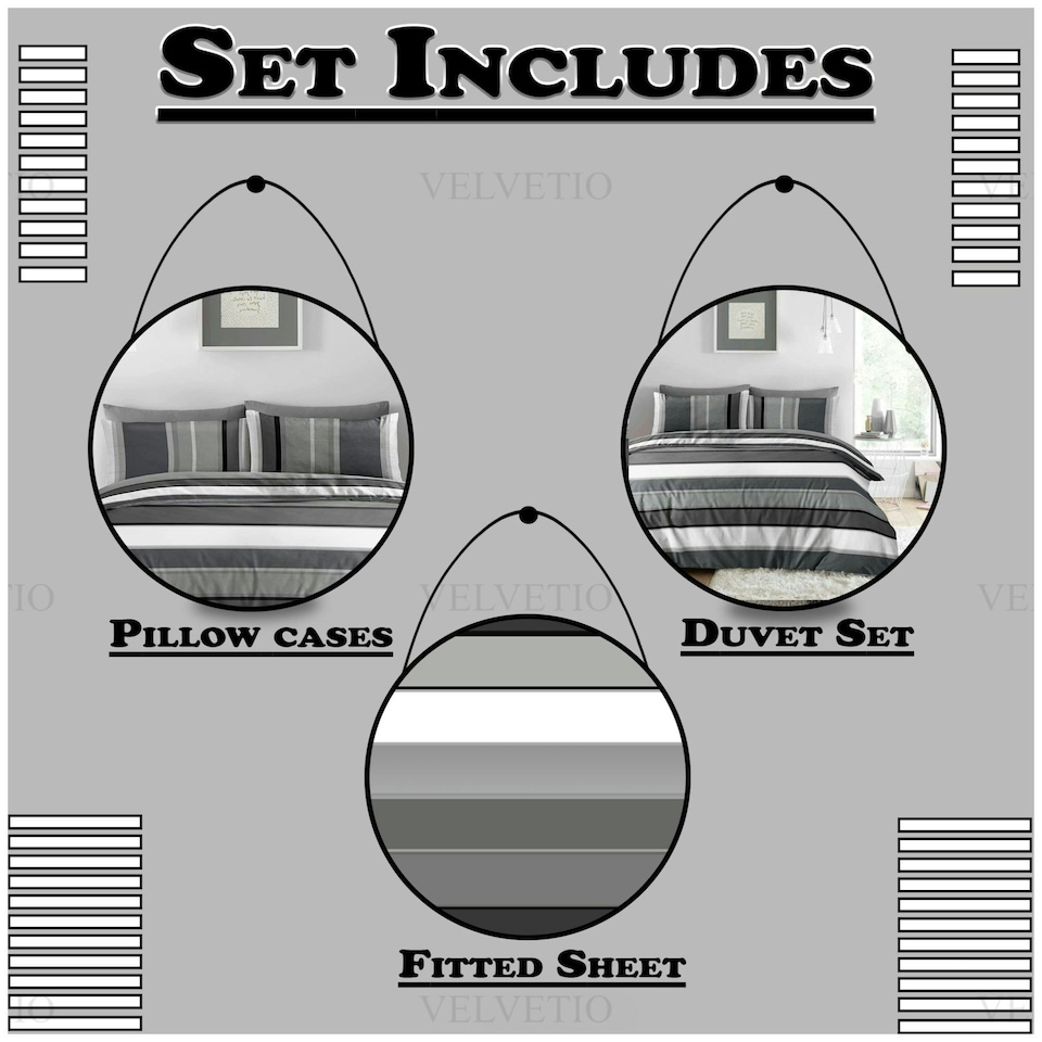 image 1 of VELVETIO Francis Stripe Complete Duvet Cover Set with Fitted Sheet Soft Polycotton Bedding Sets Grey | Single
