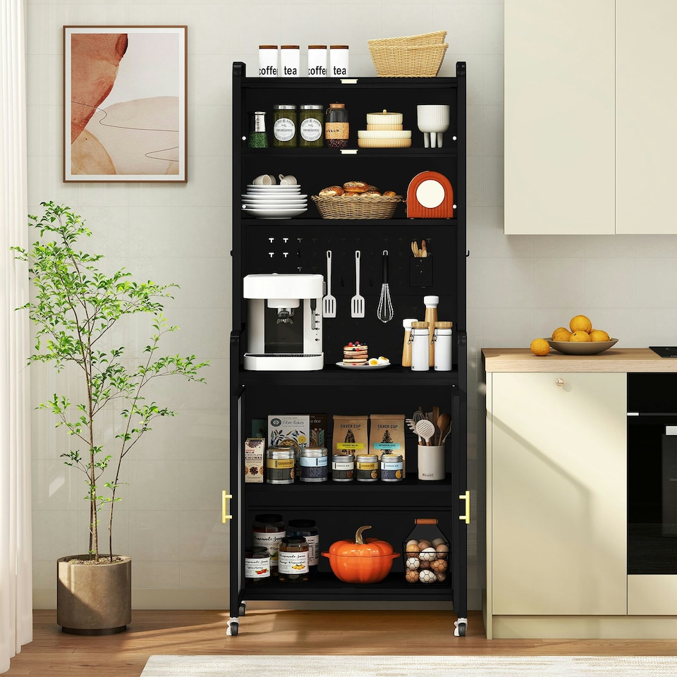 image 1 of COSTWAY Kitchen Pantry Storage Cabinet with Large Countertop Black