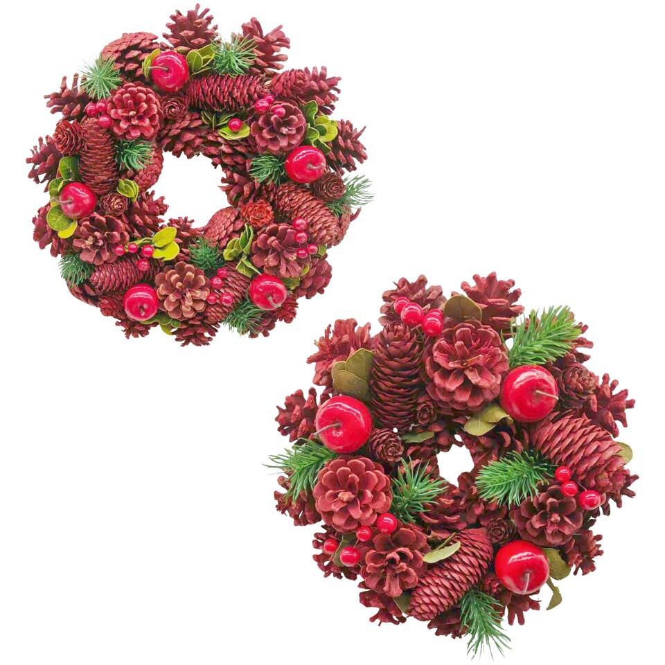 image 1 of Christmas Wreath Festive Decoration with Jute Hanger Traditional Pinecone Decor | Multi | Red, Apple & Berry | 25cm | 1