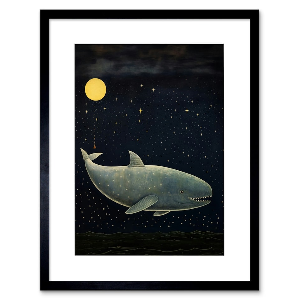 image 1 of Whale Breach at Full Moon Reach for Stars 9x7" Black Framed Wall Art Print