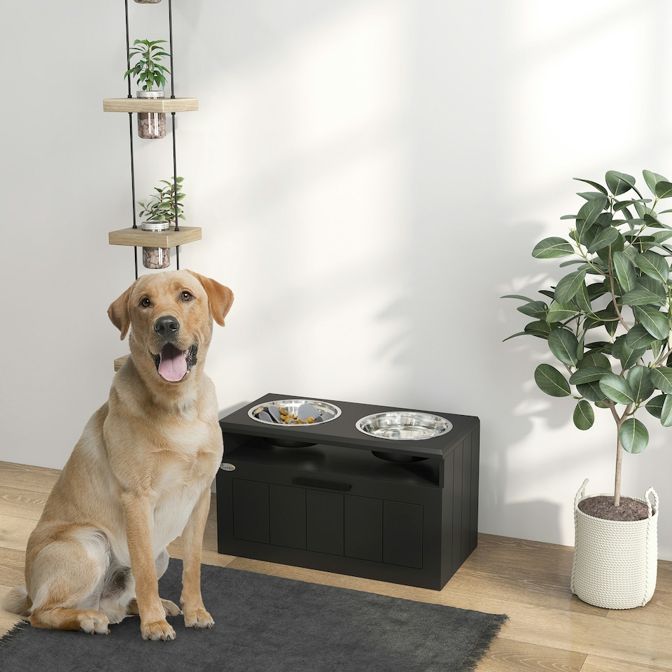 image 1 of PawHut Raised Dog Bowl, Elevated Dog Bowls with Slow Feeder Dog Bowl, Black Black