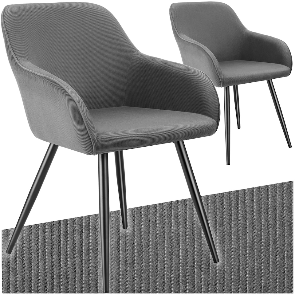 image 1 of Dining Chair Marilyn - corduroy look, upholstered, armchair, continuous backrest - Set of 2 Grey | Grey/Black