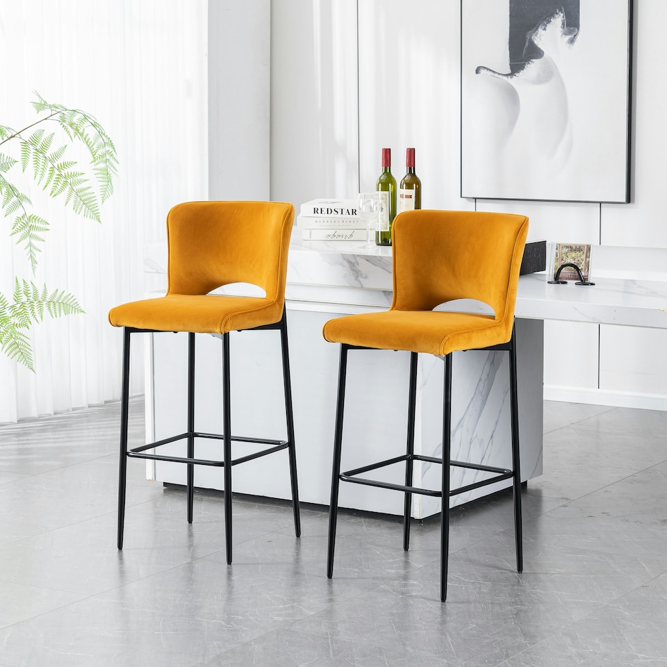 image 1 of Lily Velvet Bar Stool Padded Seat Metal Legs (Mustard)